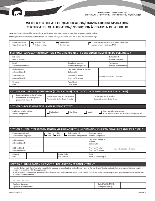 Form NWT9380 Welder Certificate of Qualification/Examination Registration - Northwest Territories, Canada (English/French)