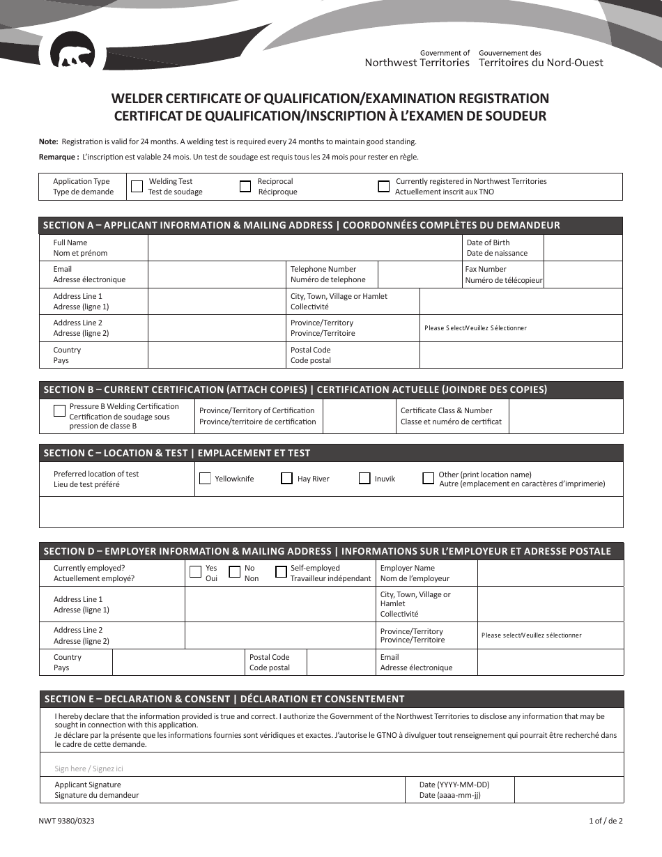 Form NWT9380 Welder Certificate of Qualification / Examination Registration - Northwest Territories, Canada (English / French), Page 1