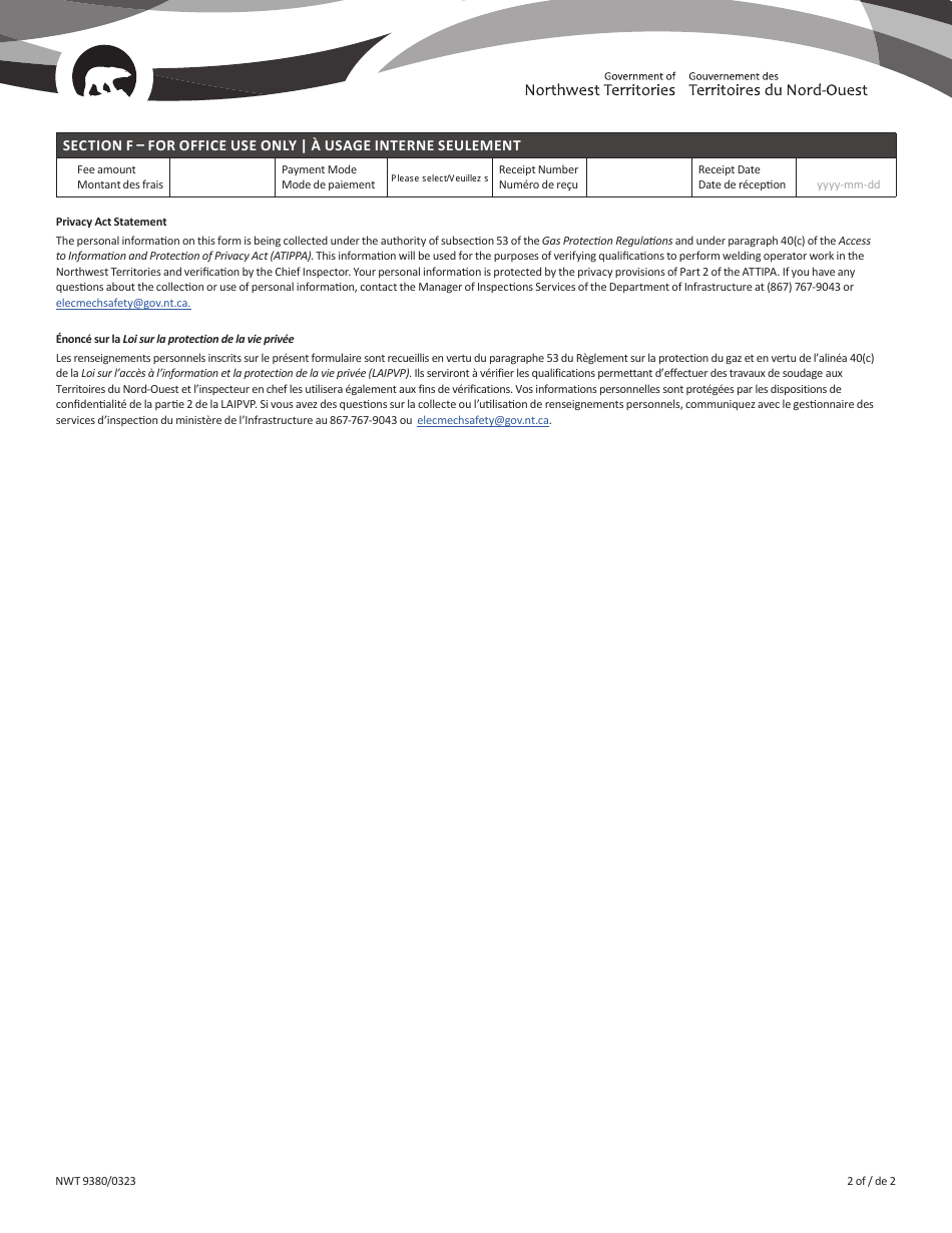 Form NWT9380 Welder Certificate of Qualification / Examination Registration - Northwest Territories, Canada (English / French), Page 2