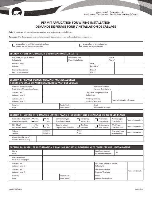 Form NWT9382 Permit Application for Wiring Installation - Northwest Territories, Canada (English/French)