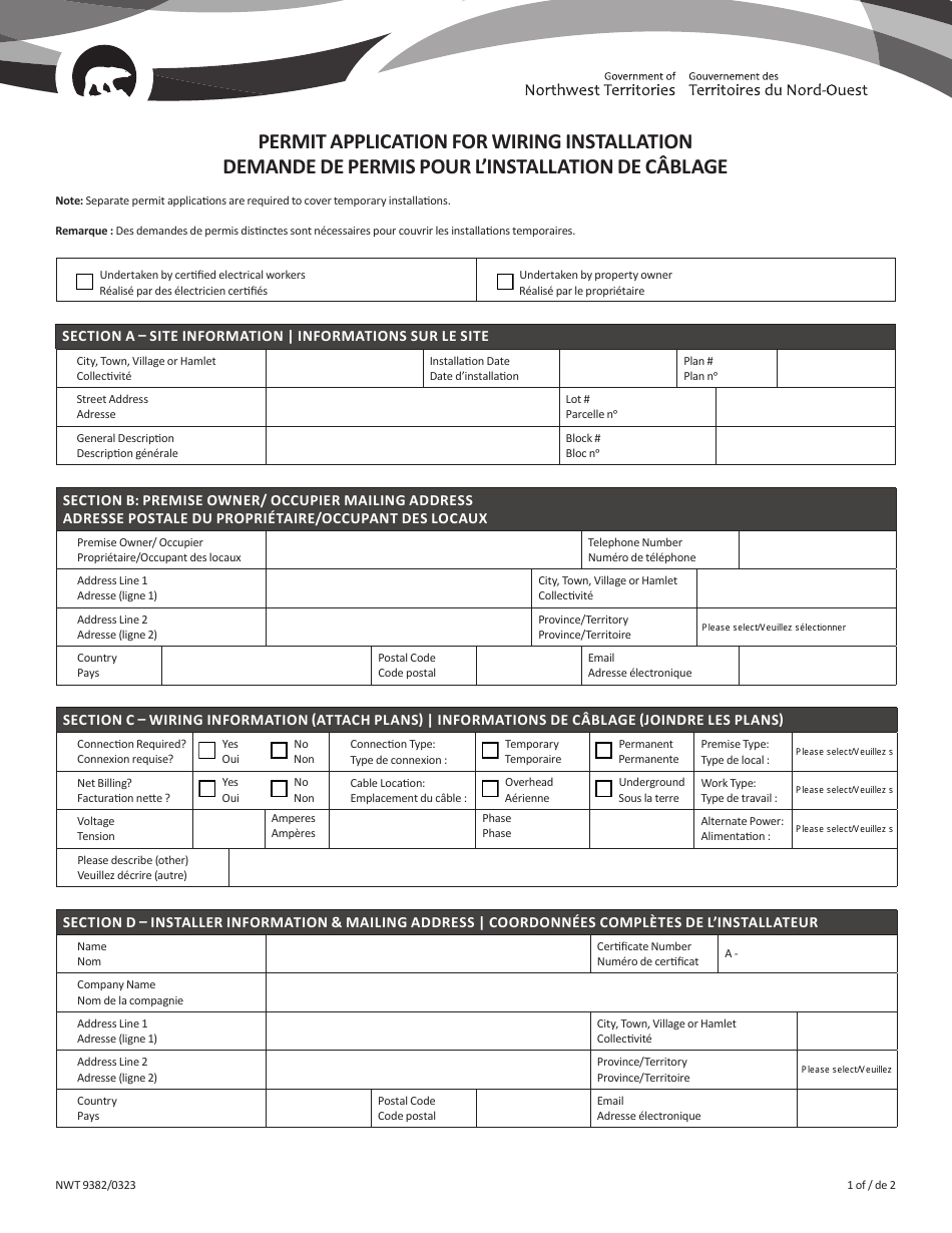 Form NWT9382 Permit Application for Wiring Installation - Northwest Territories, Canada (English / French), Page 1