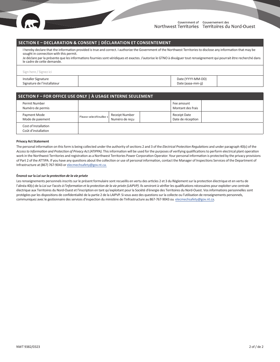 Form NWT9382 Permit Application for Wiring Installation - Northwest Territories, Canada (English / French), Page 2