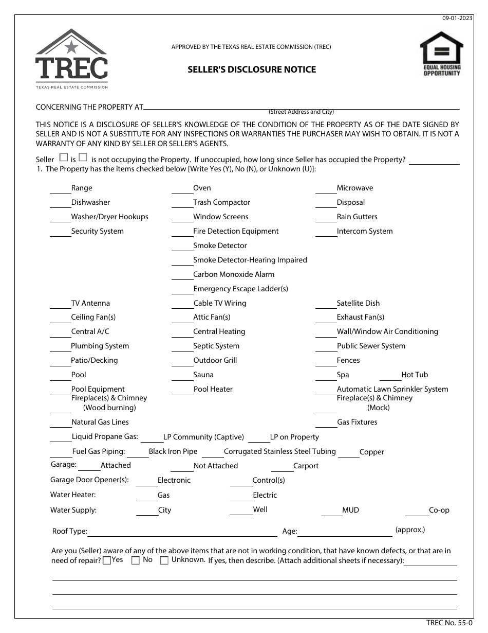 TREC Form 55-0 Sellers Disclosure Notice - Texas, Page 1