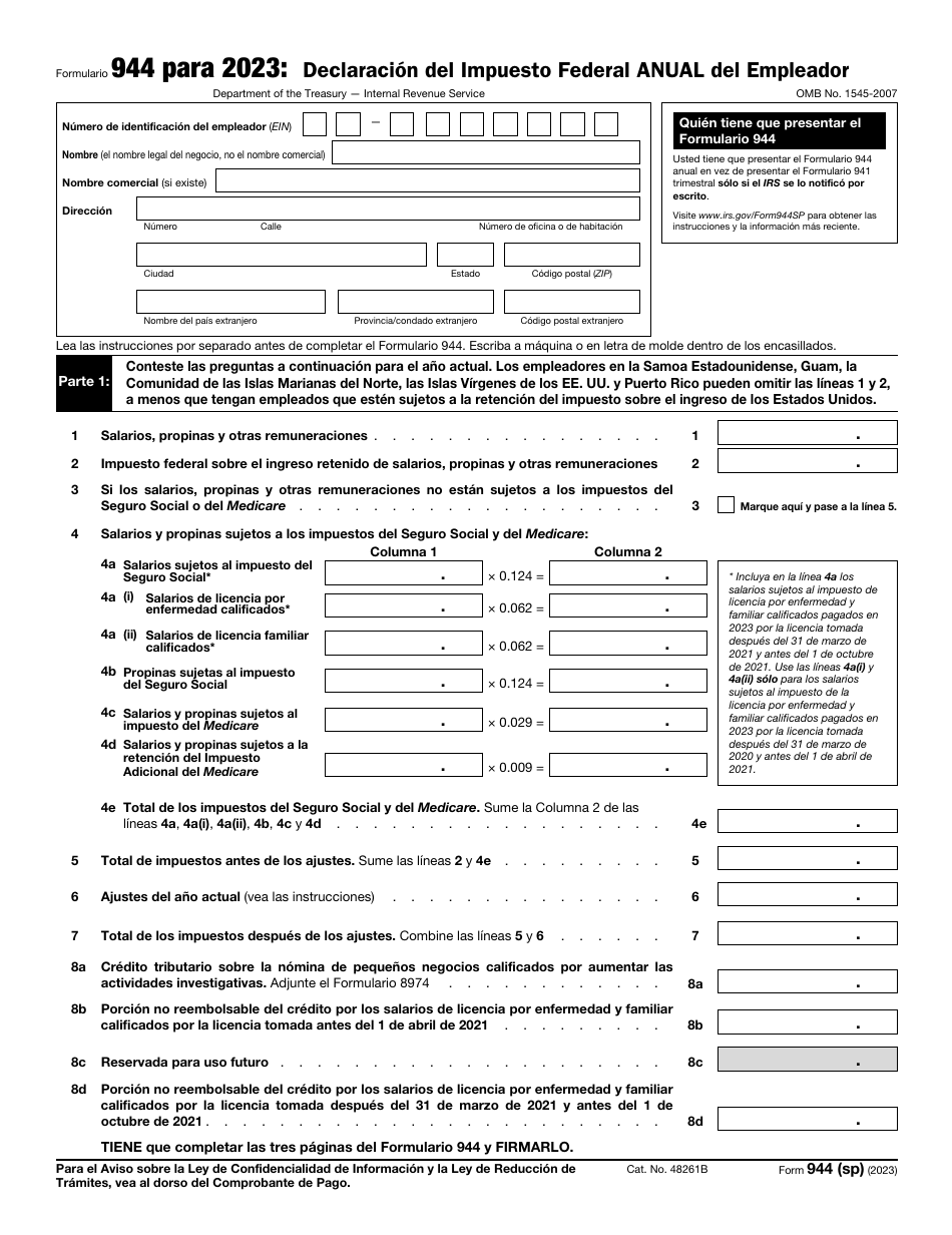 IRS Formulario 944 (SP) Declaracion Del Impuesto Federal Anual Del Empleador (Spanish), Page 1