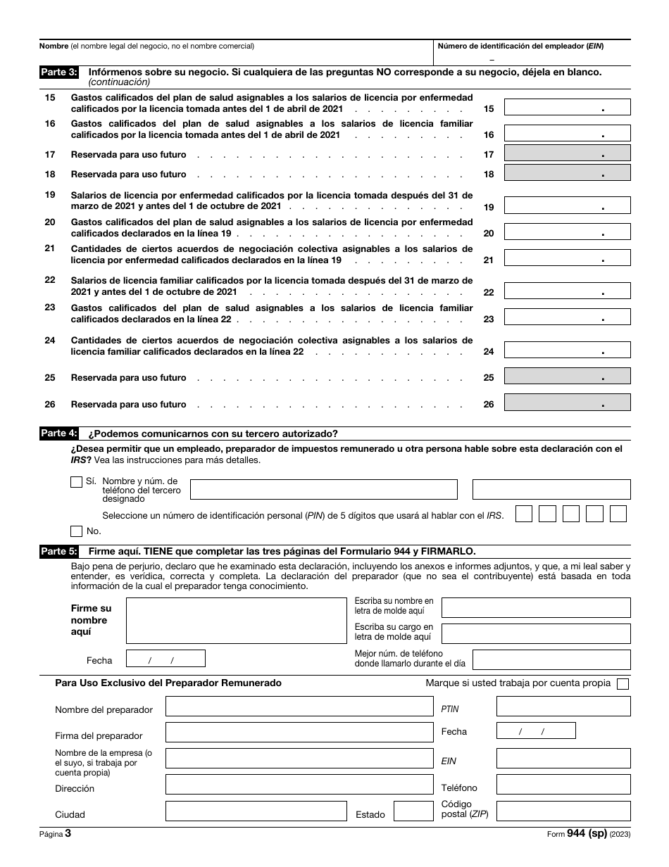 IRS Formulario 944 (SP) Declaracion Del Impuesto Federal Anual Del Empleador (Spanish), Page 3