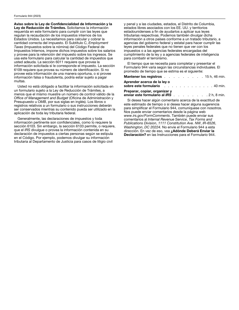 IRS Formulario 944 (SP) Declaracion Del Impuesto Federal Anual Del Empleador (Spanish), Page 6