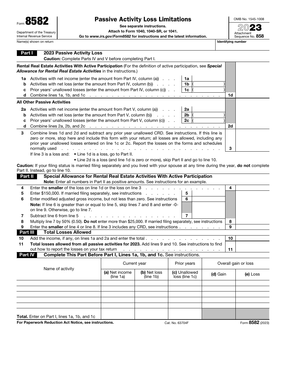 IRS Form 8582 Download Fillable PDF or Fill Online Passive Activity ...