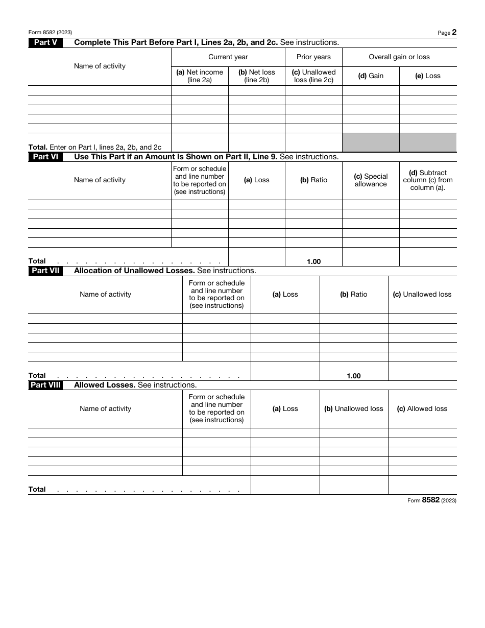 Irs Form 8582 Download Fillable Pdf Or Fill Online Passive Activity Loss Limitations 2023