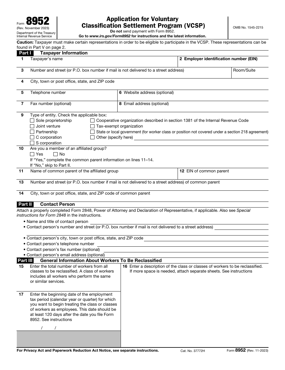 IRS Form 8952 Application for Voluntary Classification Settlement Program (Vcsp), Page 1