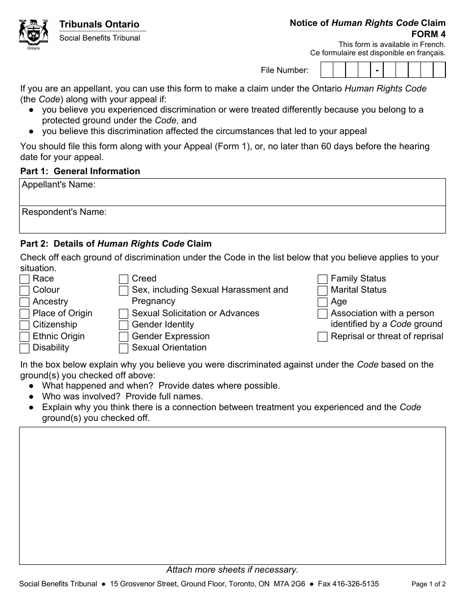 Form 4 Notice of Human Rights Code Claim - Ontario, Canada, Page 1