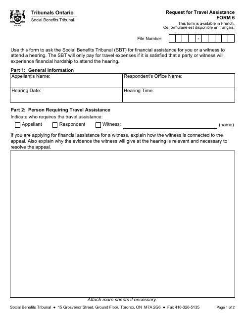 Form 6 Request for Travel Assistance - Ontario, Canada