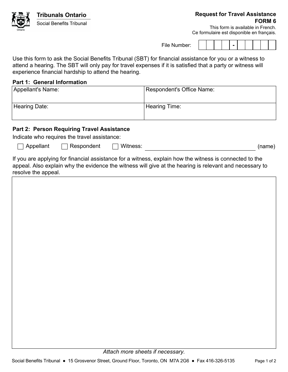 Form 6 Request for Travel Assistance - Ontario, Canada, Page 1
