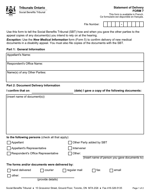 Form 7 Statement of Delivery - Ontario, Canada