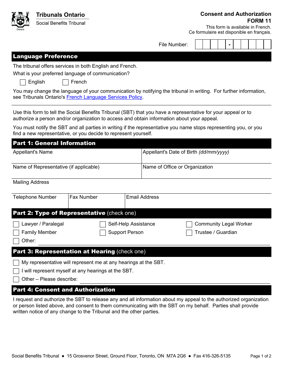 Form 11 Consent and Authorization - Ontario, Canada, Page 1