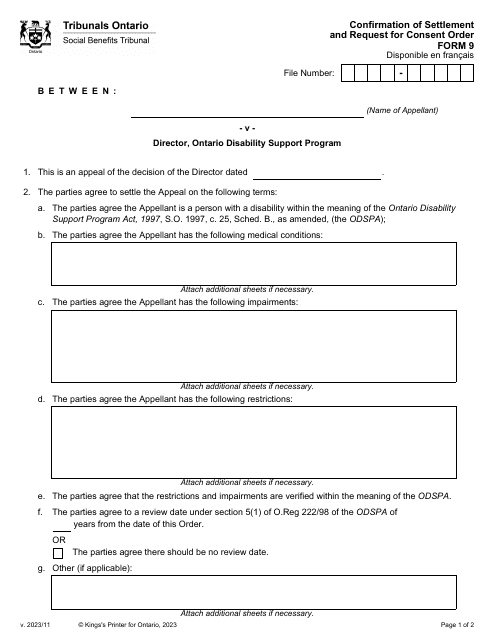 Form 9 Confirmation of Settlement and Request for Consent Order - Ontario, Canada