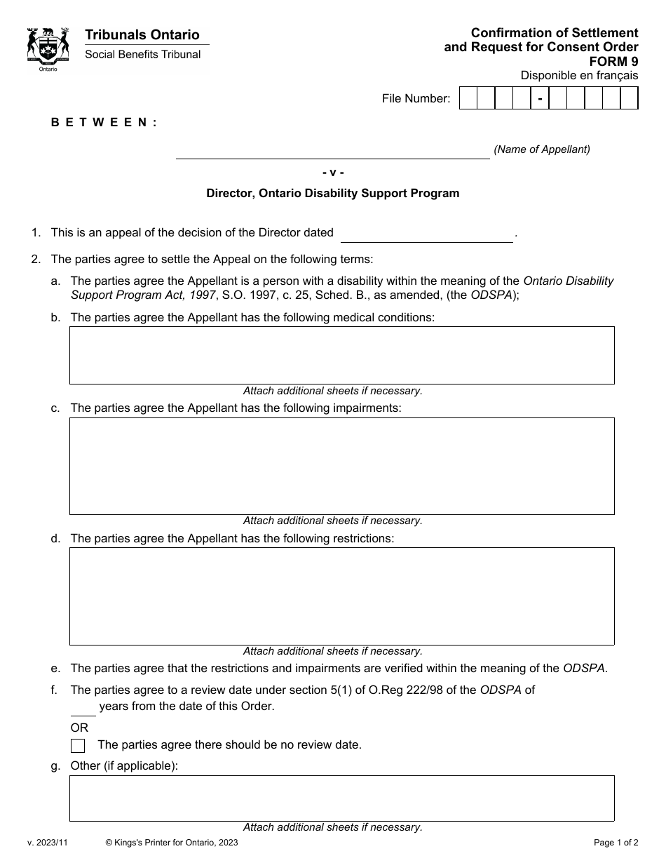 Form 9 Confirmation of Settlement and Request for Consent Order - Ontario, Canada, Page 1