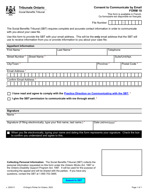 Form 10 Consent to Communicate by Email - Ontario, Canada