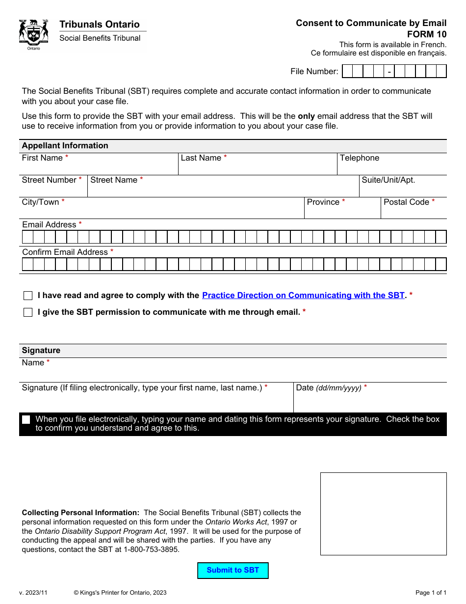 Form 10 Consent to Communicate by Email - Ontario, Canada, Page 1