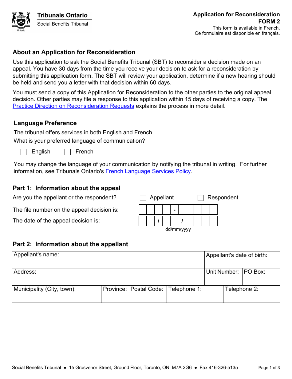Form 2 Application for Reconsideration - Ontario, Canada, Page 1