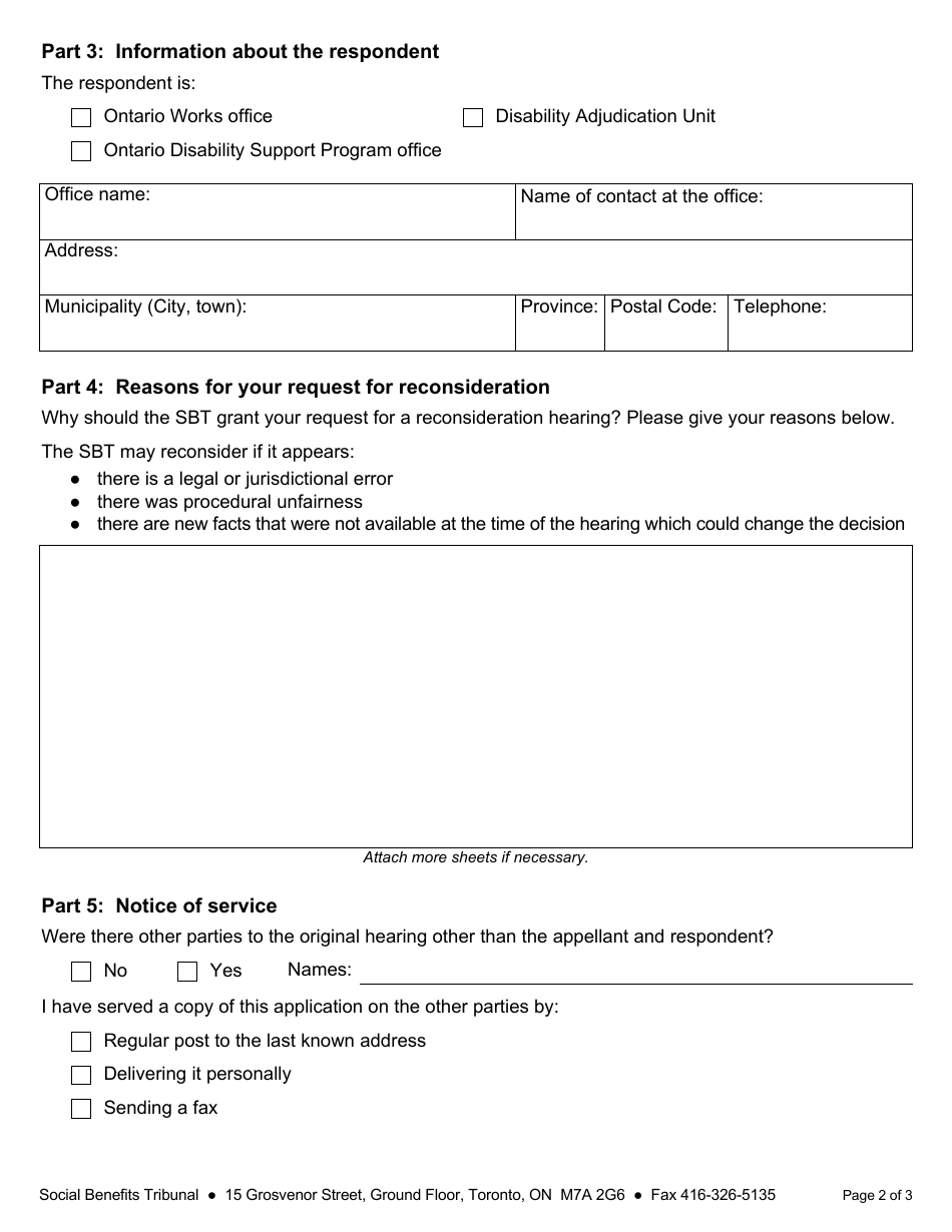 Form 2 Application for Reconsideration - Ontario, Canada, Page 2