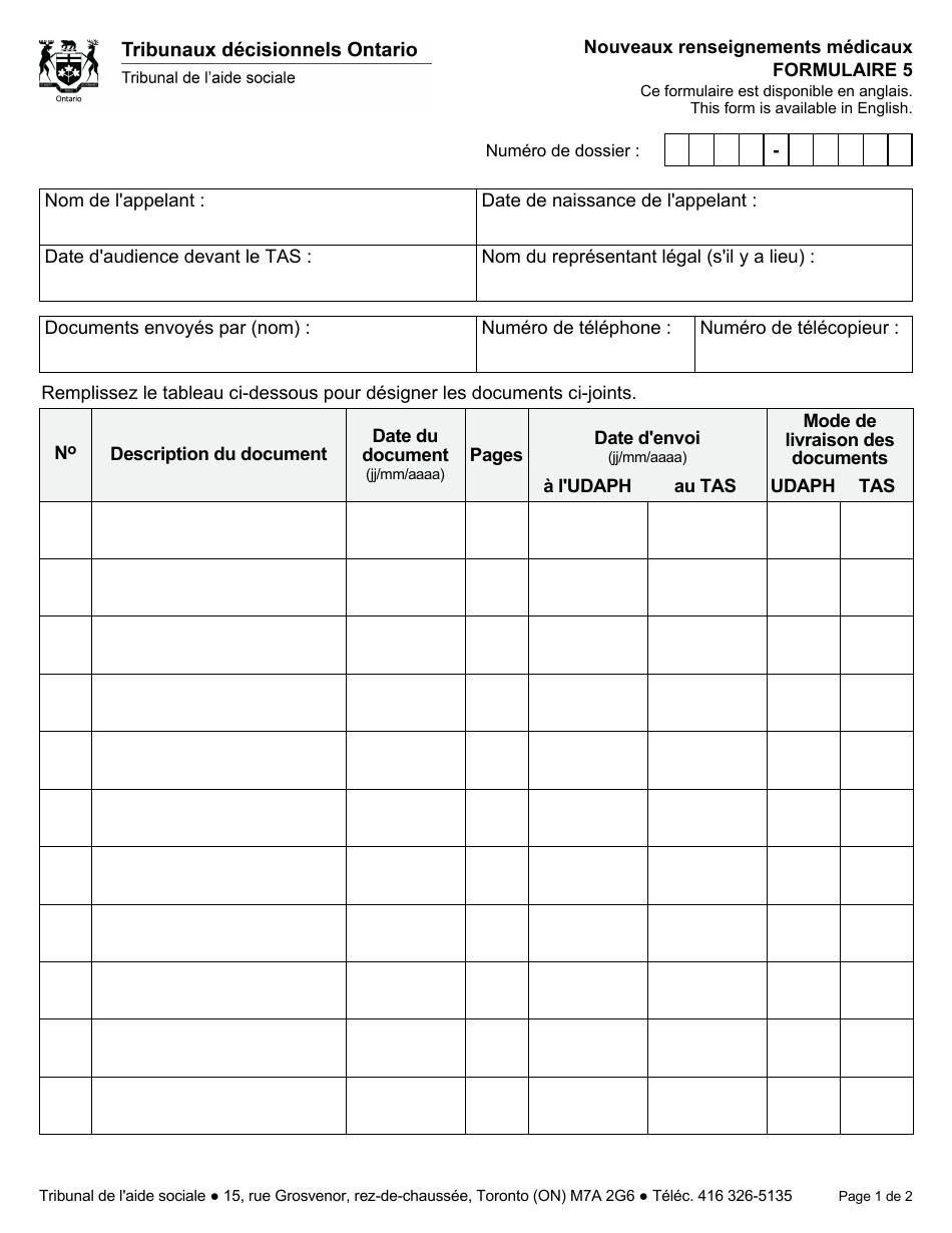 Forme 5 Nouveaux Renseignements Medicaux - Ontario, Canada (French), Page 3