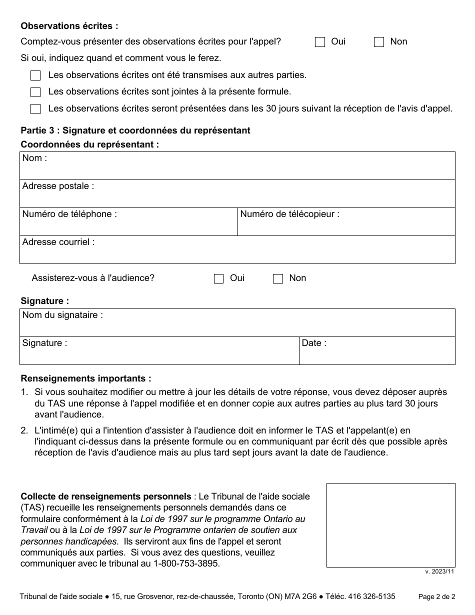 Forme 3 Reponse a Lappel - Ontario, Canada (French), Page 3