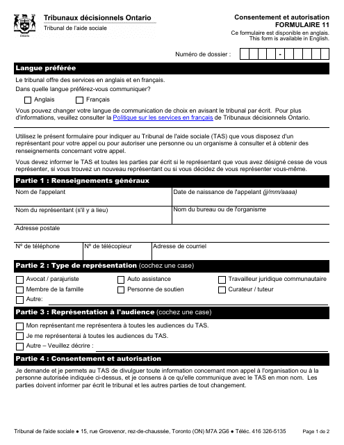Forme 11 Consentement Et Autorisation - Ontario, Canada (French)
