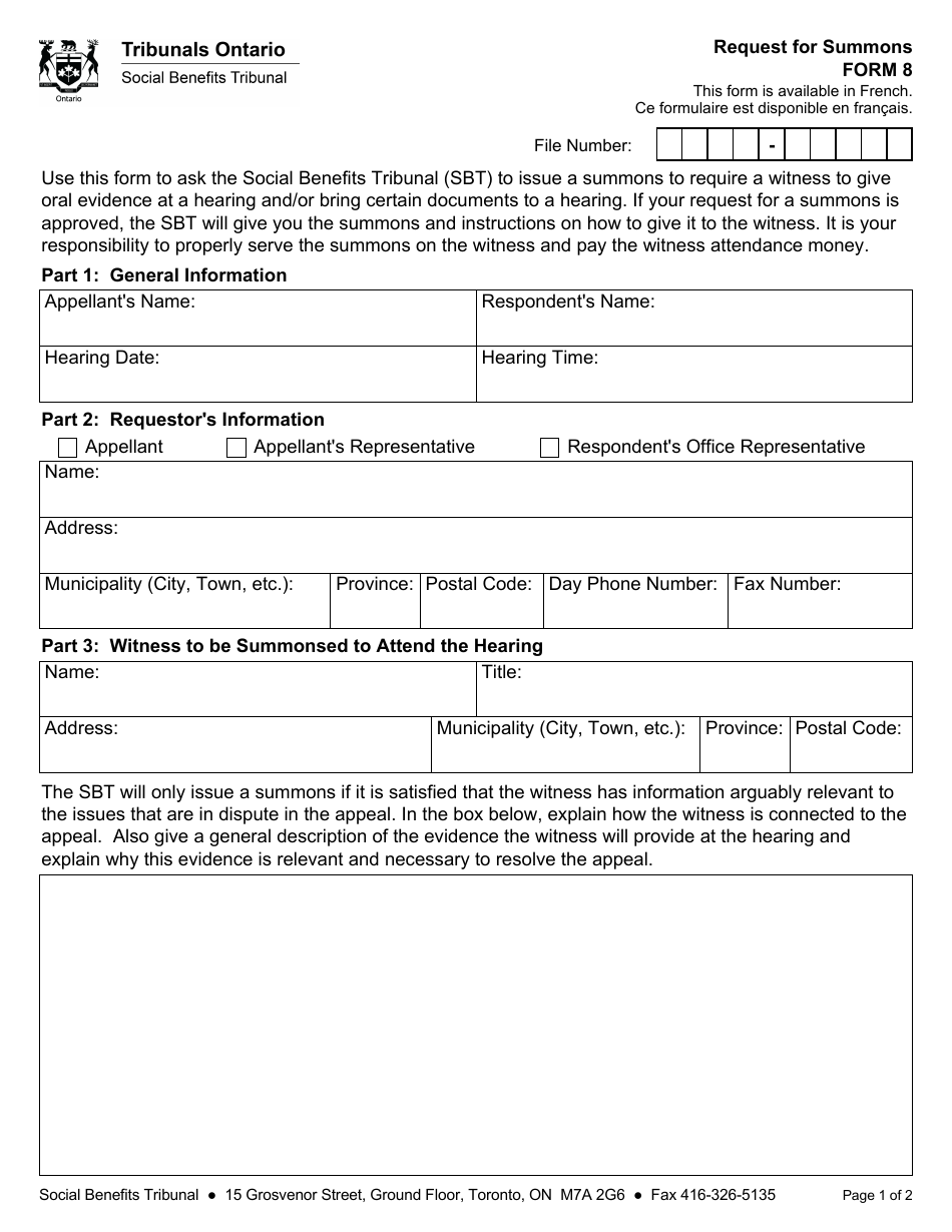 Form 8 Request for Summons - Ontario, Canada, Page 1