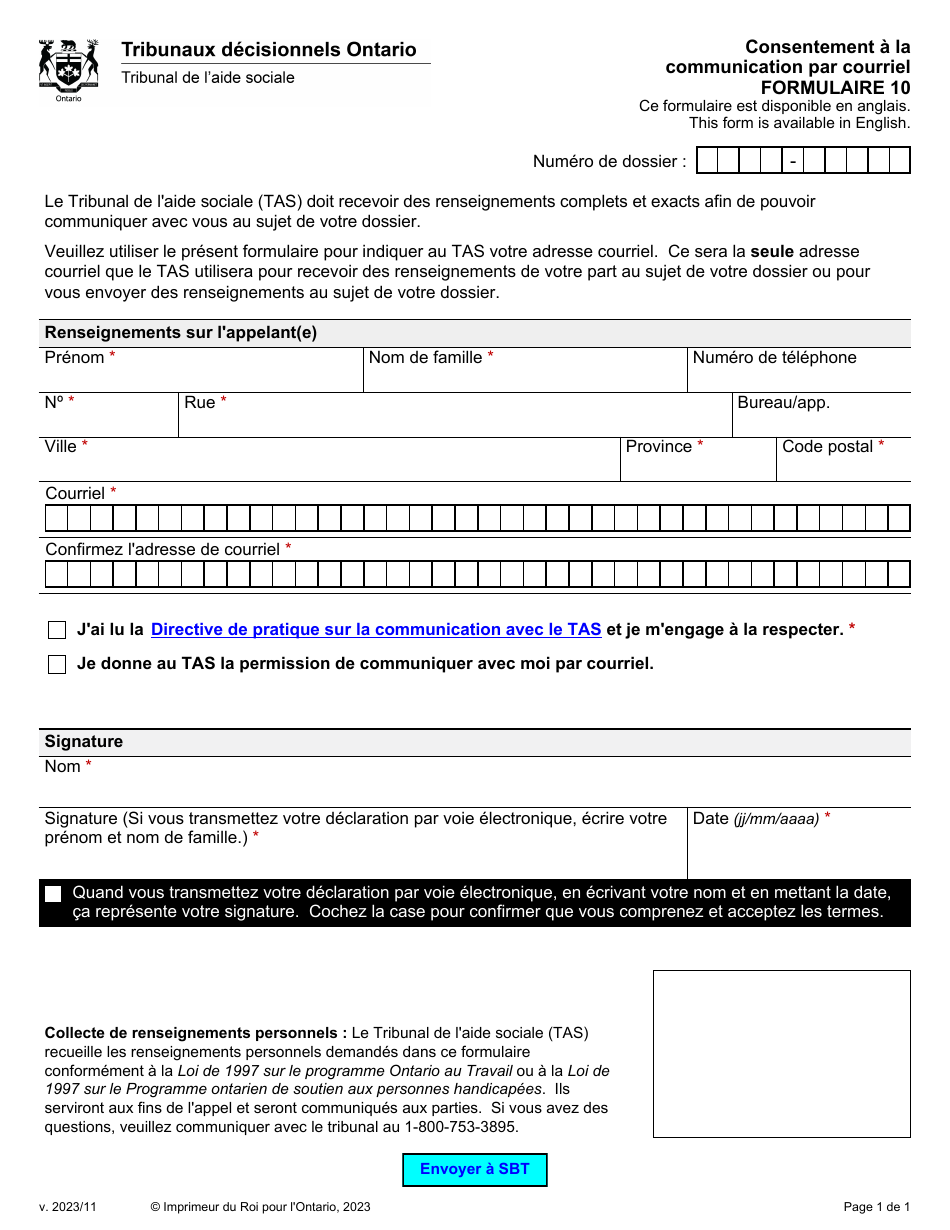 Forme 10 Consentement a La Communication Par Courriel - Ontario, Canada (French), Page 1