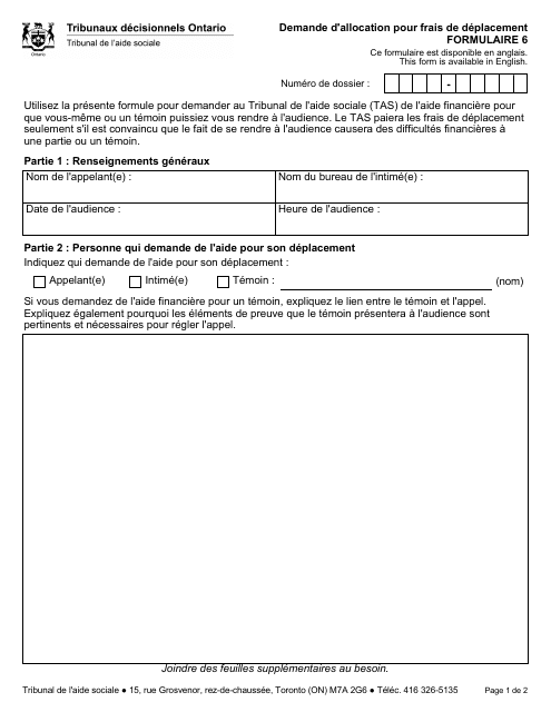 Forme 6 Demande D'allocation Pour Frais De Deplacement - Ontario, Canada (French)