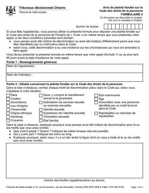 Forme 4 Avis De Plainte Fondee Sur Le Code DES Droits De La Personne - Ontario, Canada (French)