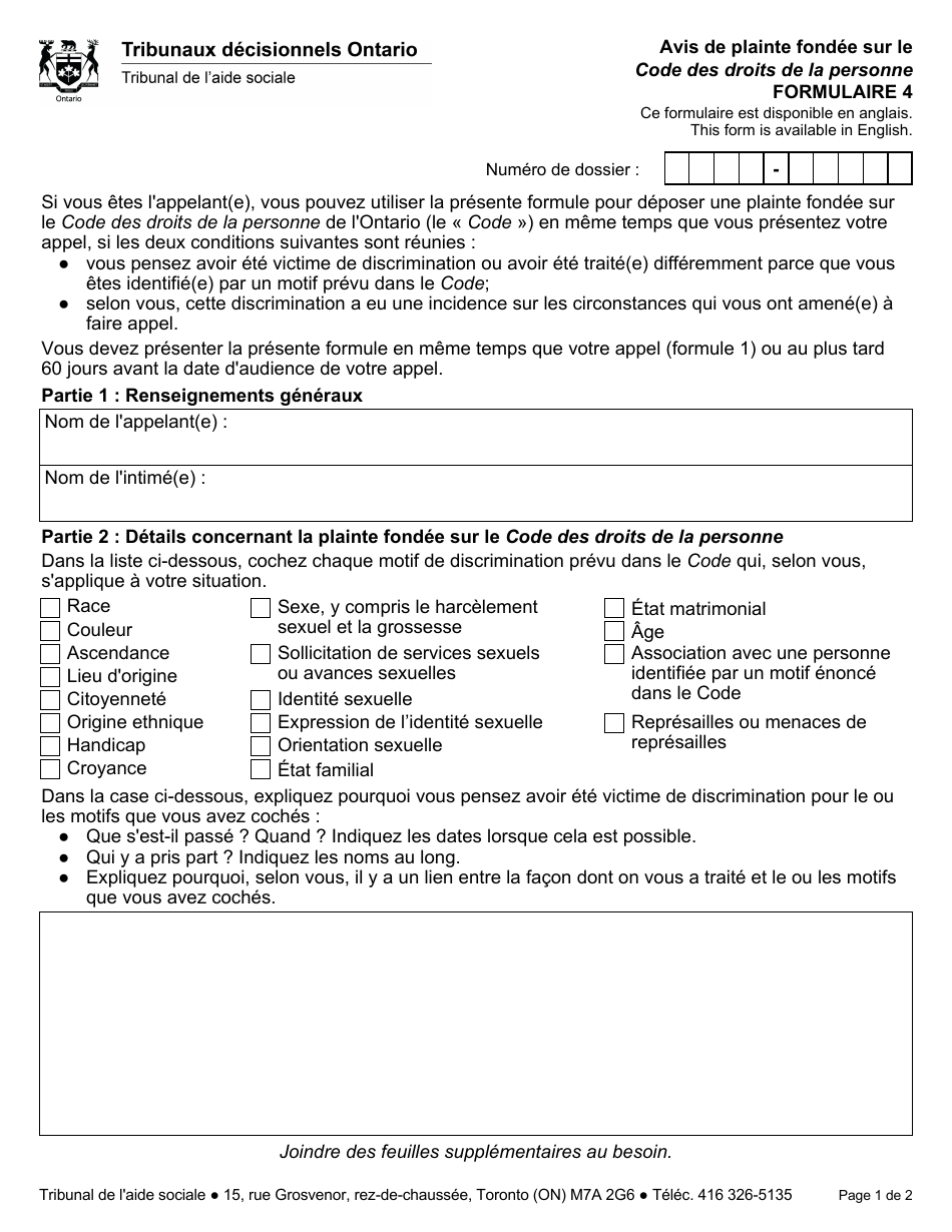 Forme 4 Avis De Plainte Fondee Sur Le Code DES Droits De La Personne - Ontario, Canada (French), Page 1