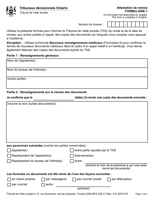 Forme 7 Attestation De Remise - Ontario, Canada (French)