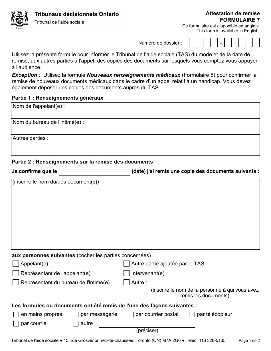 Forme 7 Attestation De Remise - Ontario, Canada (French), Page 1