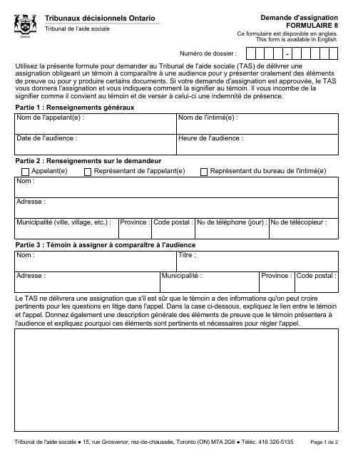 Forme 8 Demande D'assignation - Ontario, Canada (French)
