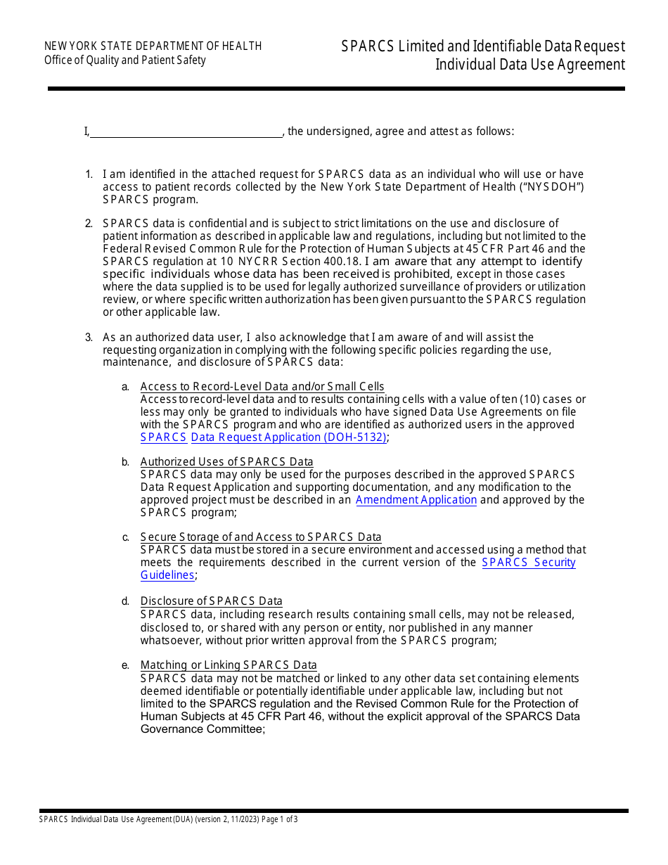 Sparcs Limited and Identifiable Data Request Individual Data Use Agreement - New York, Page 1