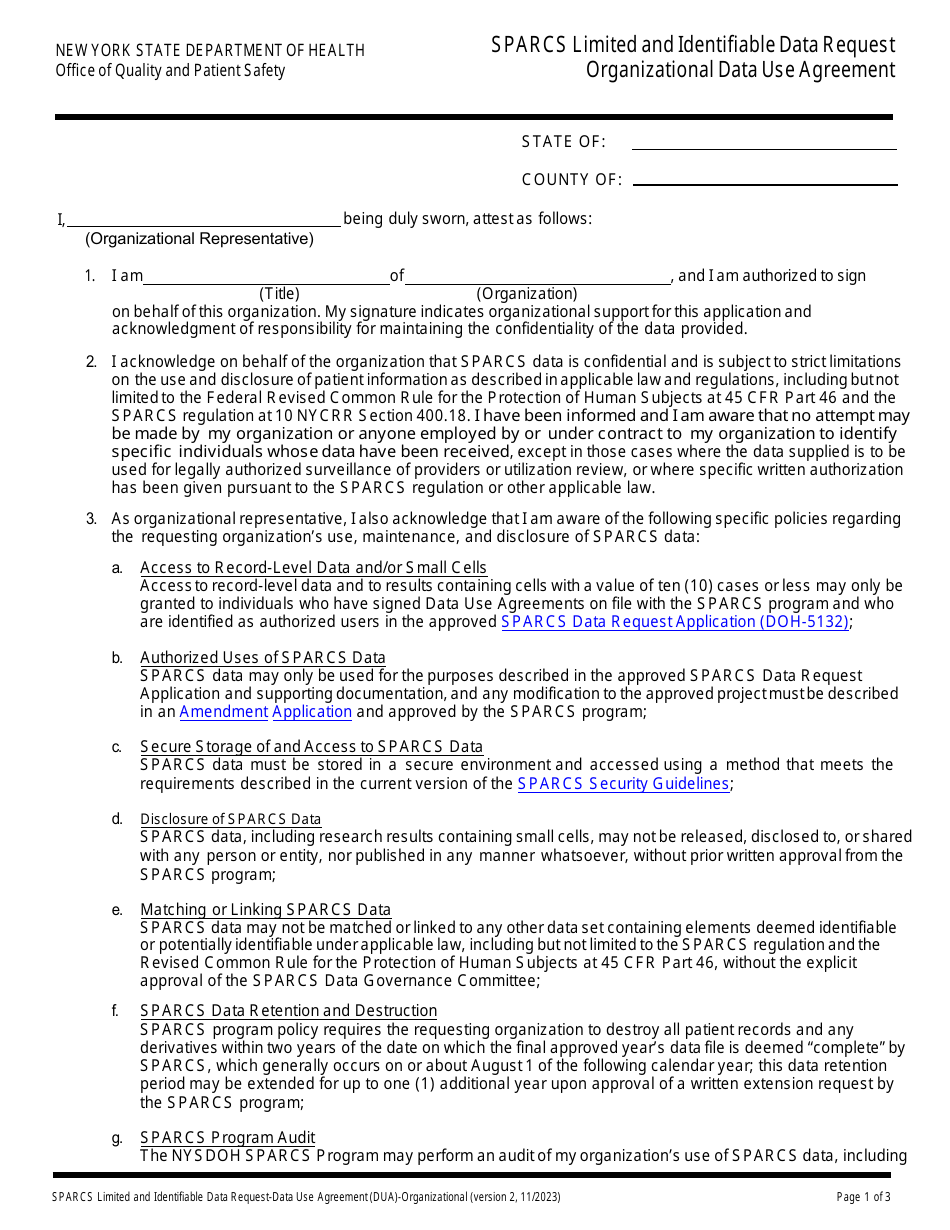 Sparcs Limited and Identifiable Data Request Organizational Data Use Agreement - New York, Page 1