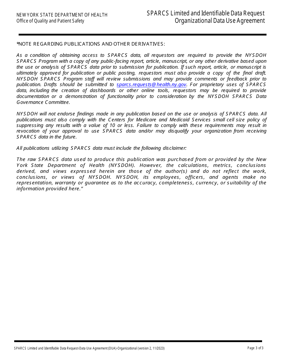 Sparcs Limited and Identifiable Data Request Organizational Data Use Agreement - New York, Page 3