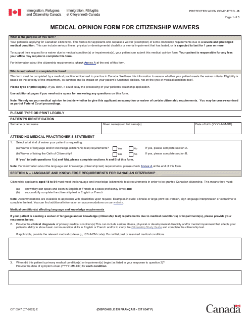 Form CIT0547 Medical Opinion Form for Citizenship Waivers - Canada