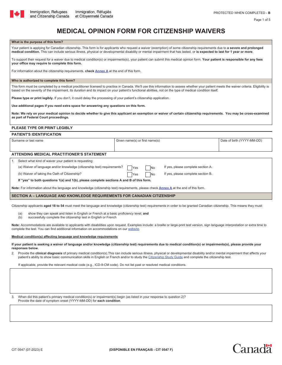Form CIT0547 Medical Opinion Form for Citizenship Waivers - Canada, Page 1