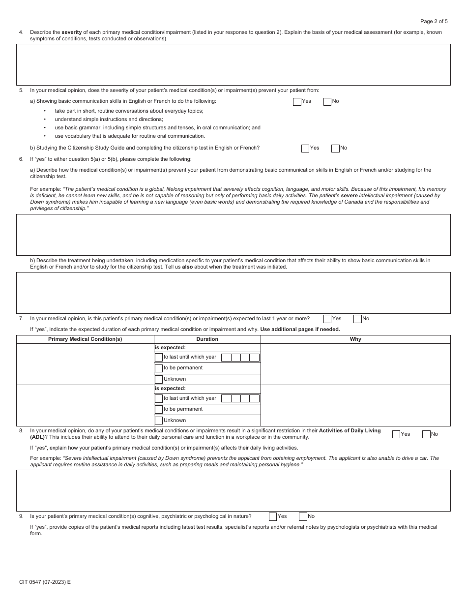 Form CIT0547 Medical Opinion Form for Citizenship Waivers - Canada, Page 2