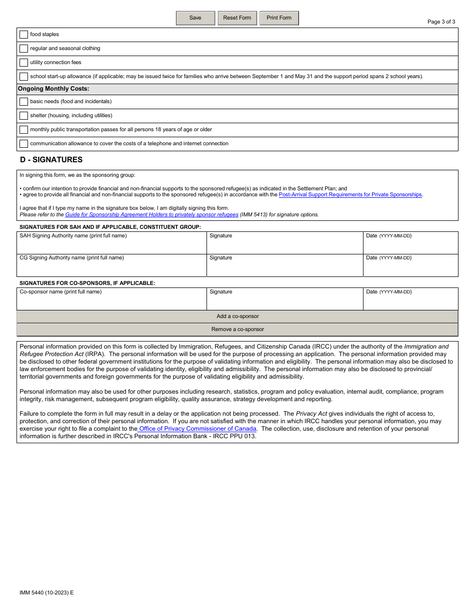 Form IMM5440 Settlement Plan - Sponsorship Agreement Holders (Sah) - Risk Management Plan a - Canada, Page 3