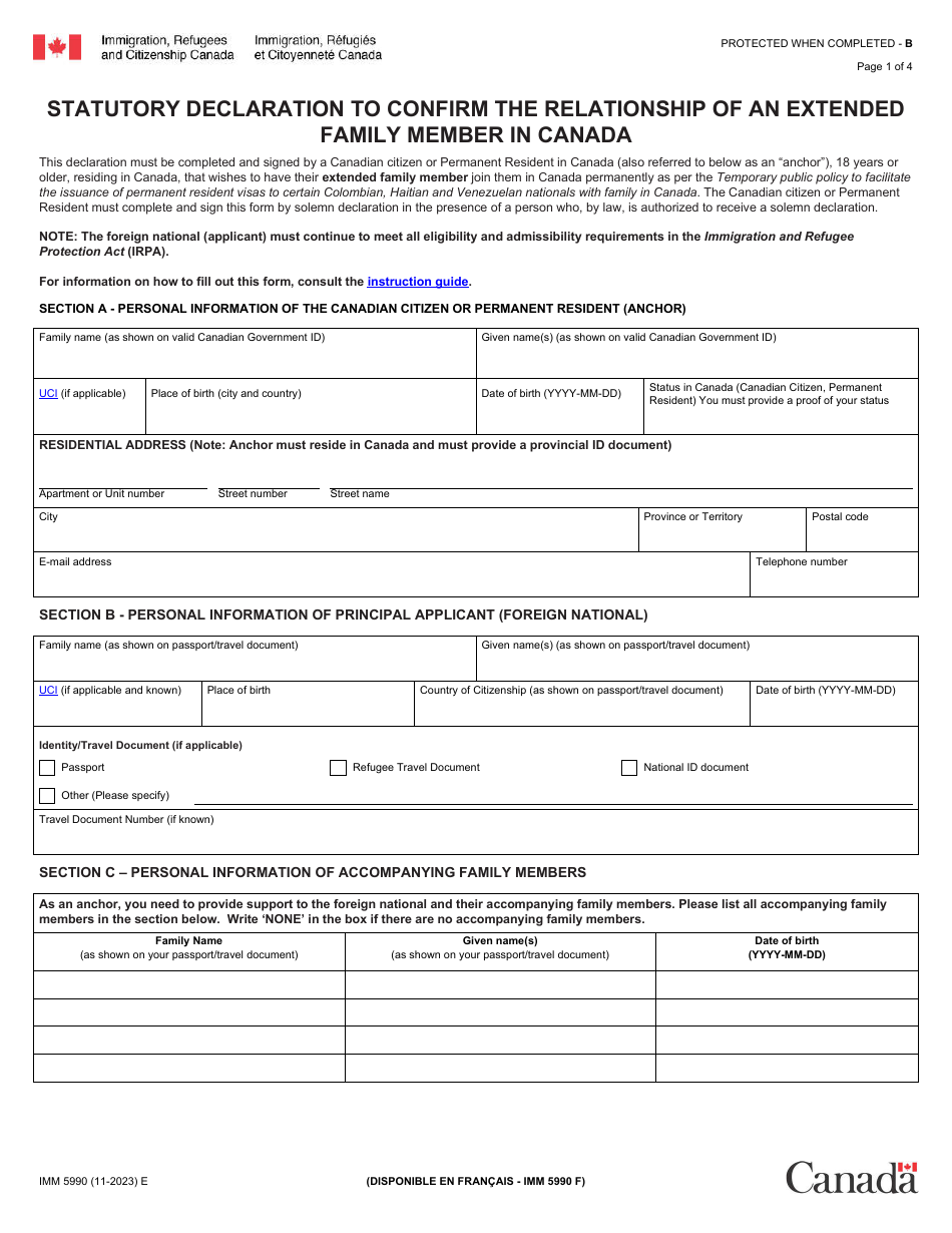 Form IMM5990 Statutory Declaration to Confirm the Relationship of an Extended Family Member in Canada - Canada, Page 1