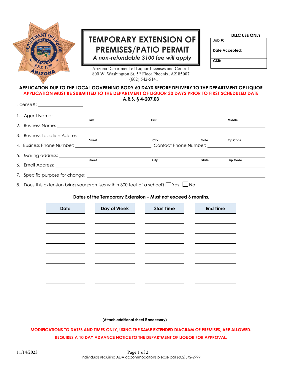 Temporary Extension of Premises / Patio Permit - Arizona, Page 1