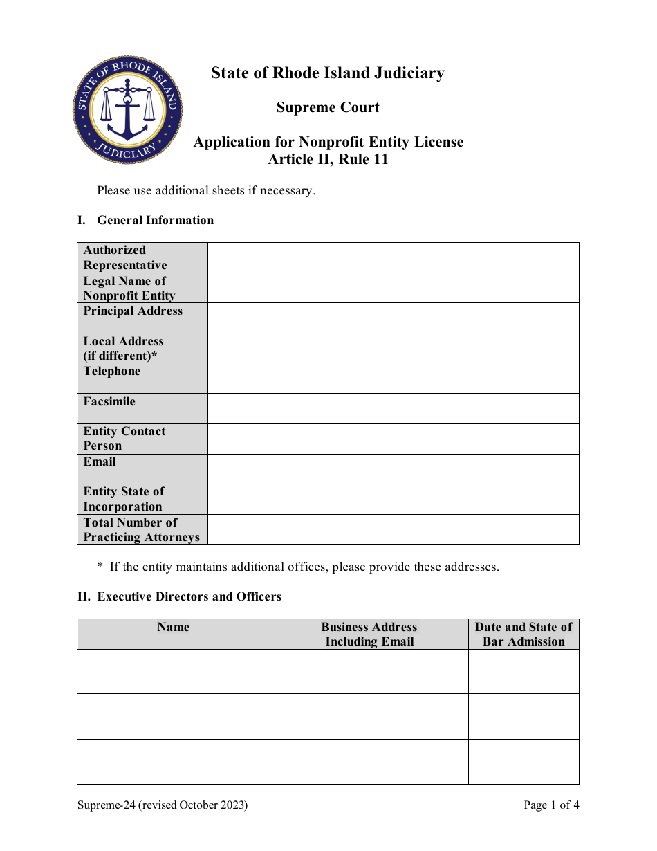 Form Supreme-24 Application for Nonprofit Entity License Article II, Rule 11 - Rhode Island, Page 1