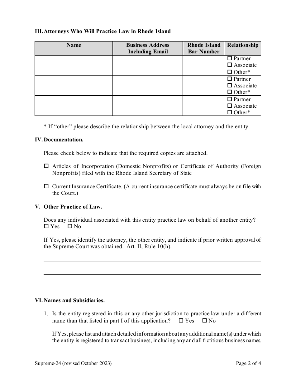 Form Supreme-24 Application for Nonprofit Entity License Article II, Rule 11 - Rhode Island, Page 2