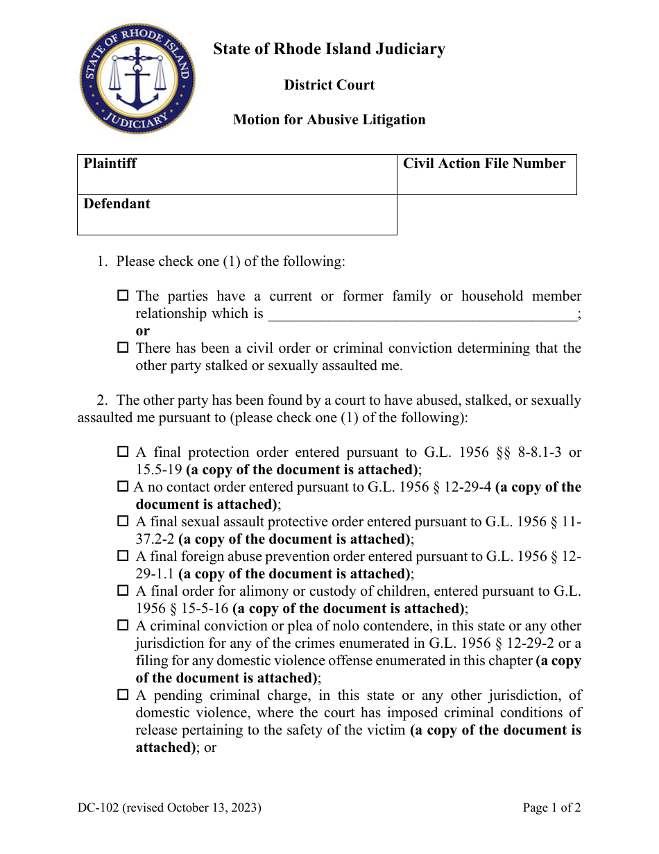 Form DC-102 Motion for Abusive Litigation - Rhode Island, Page 1