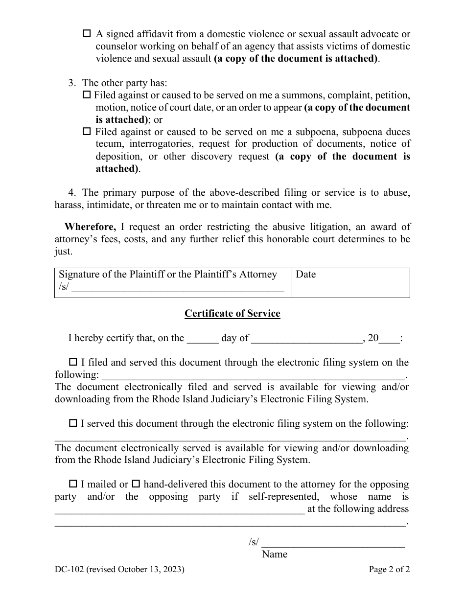 Form DC-102 Motion for Abusive Litigation - Rhode Island, Page 2