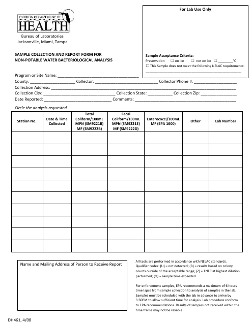 Form DH461 Sample Collection and Report Form for Non-potable Water Bacteriological Analysis - Florida