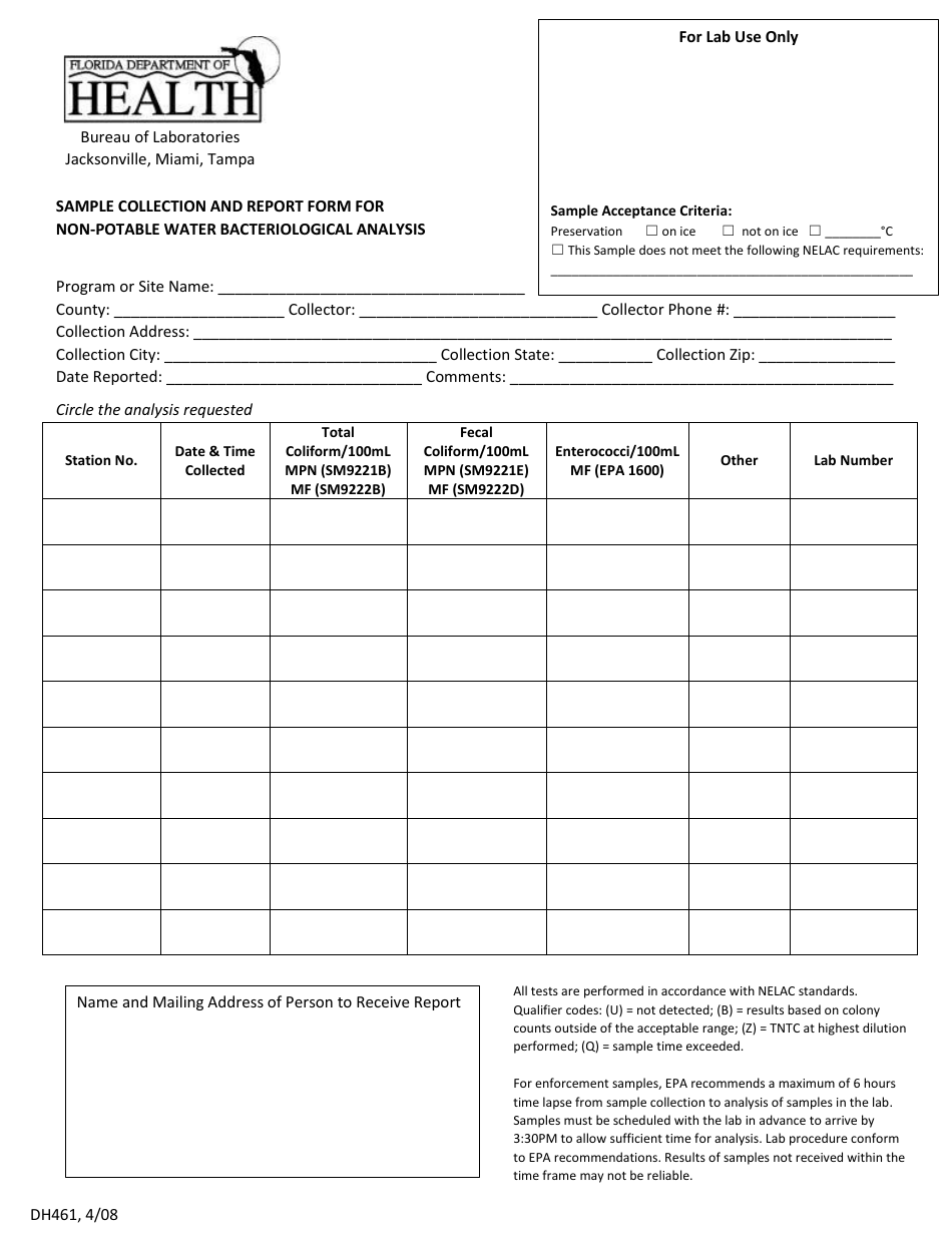Form DH461 Sample Collection and Report Form for Non-potable Water Bacteriological Analysis - Florida, Page 1